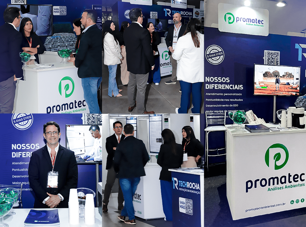 Equipe no estande da Promatec Análises Ambientais durante a III Conferência de Gerenciamento de Áreas Contaminadas da AESAS
